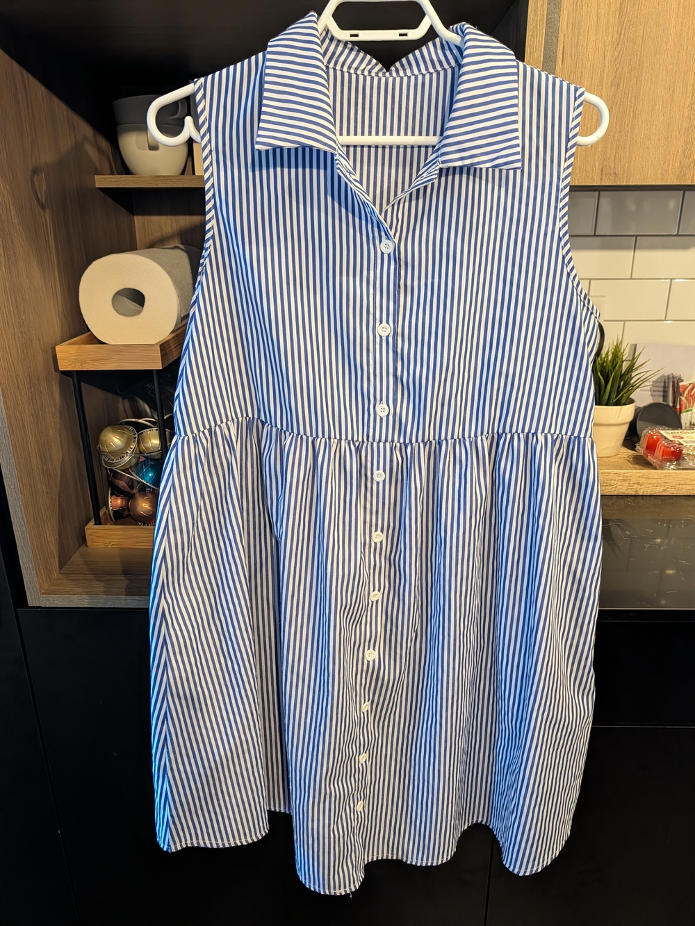Sleeveless Blue & White Striped Kids Dress - Button Front